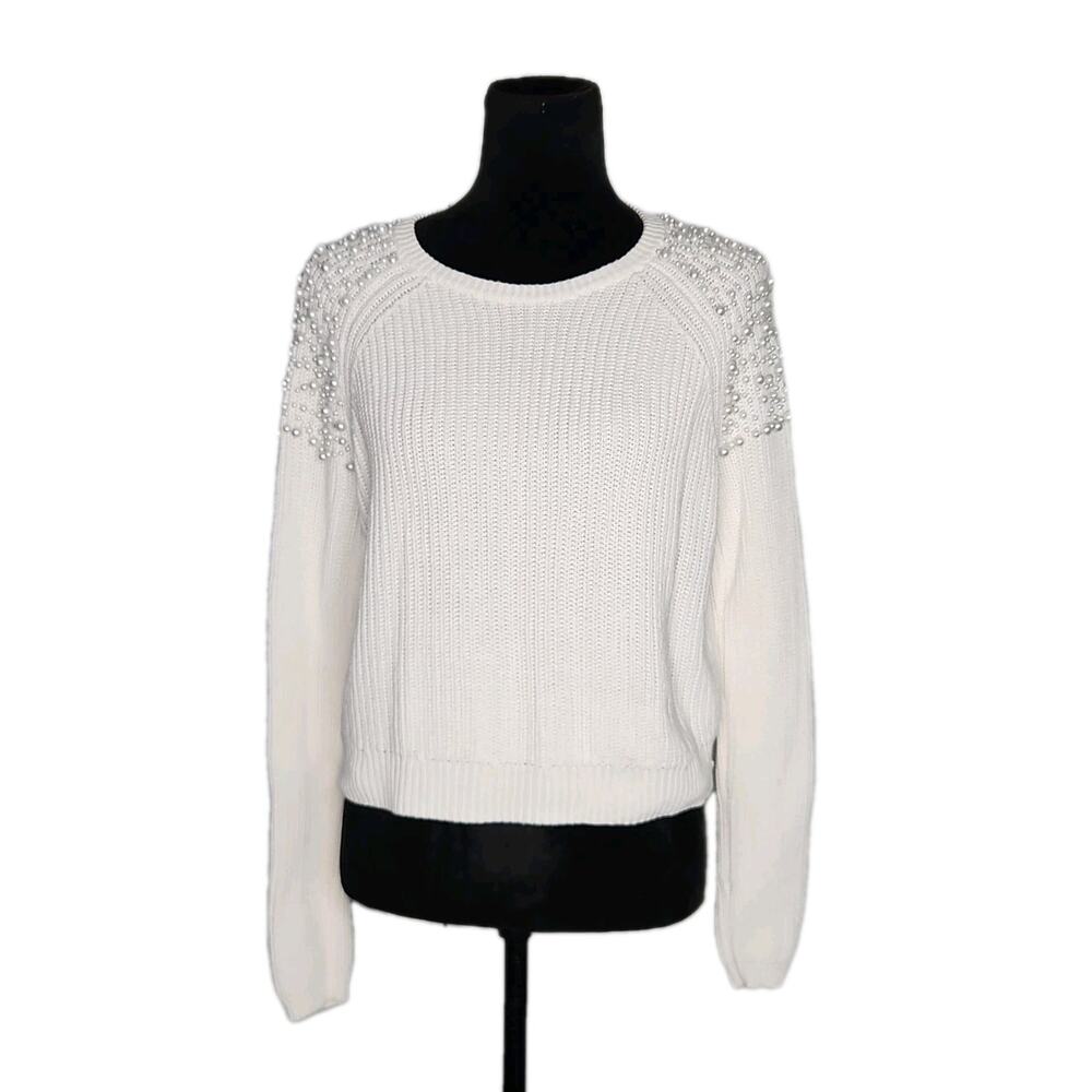 Michelle Mason White Pearl Embellished Long Sleeve Cotton Knit Sweater Size P - Picture 2 of 9